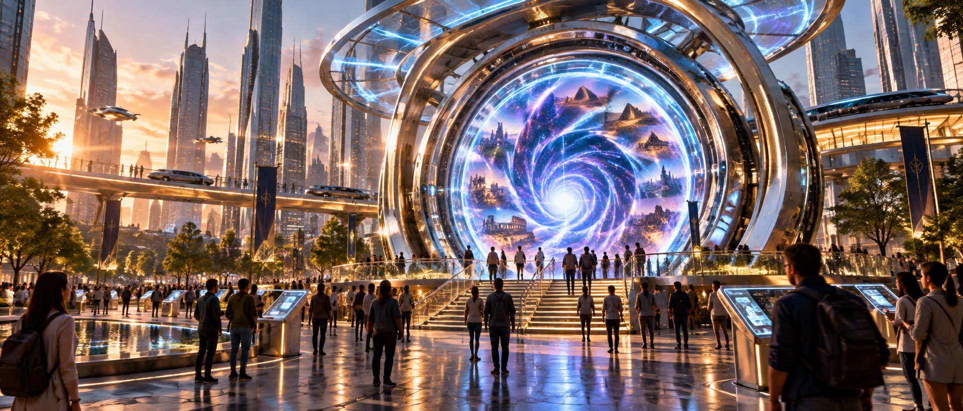 A public time travel machine glowing in a futuristic downtown city plaza.