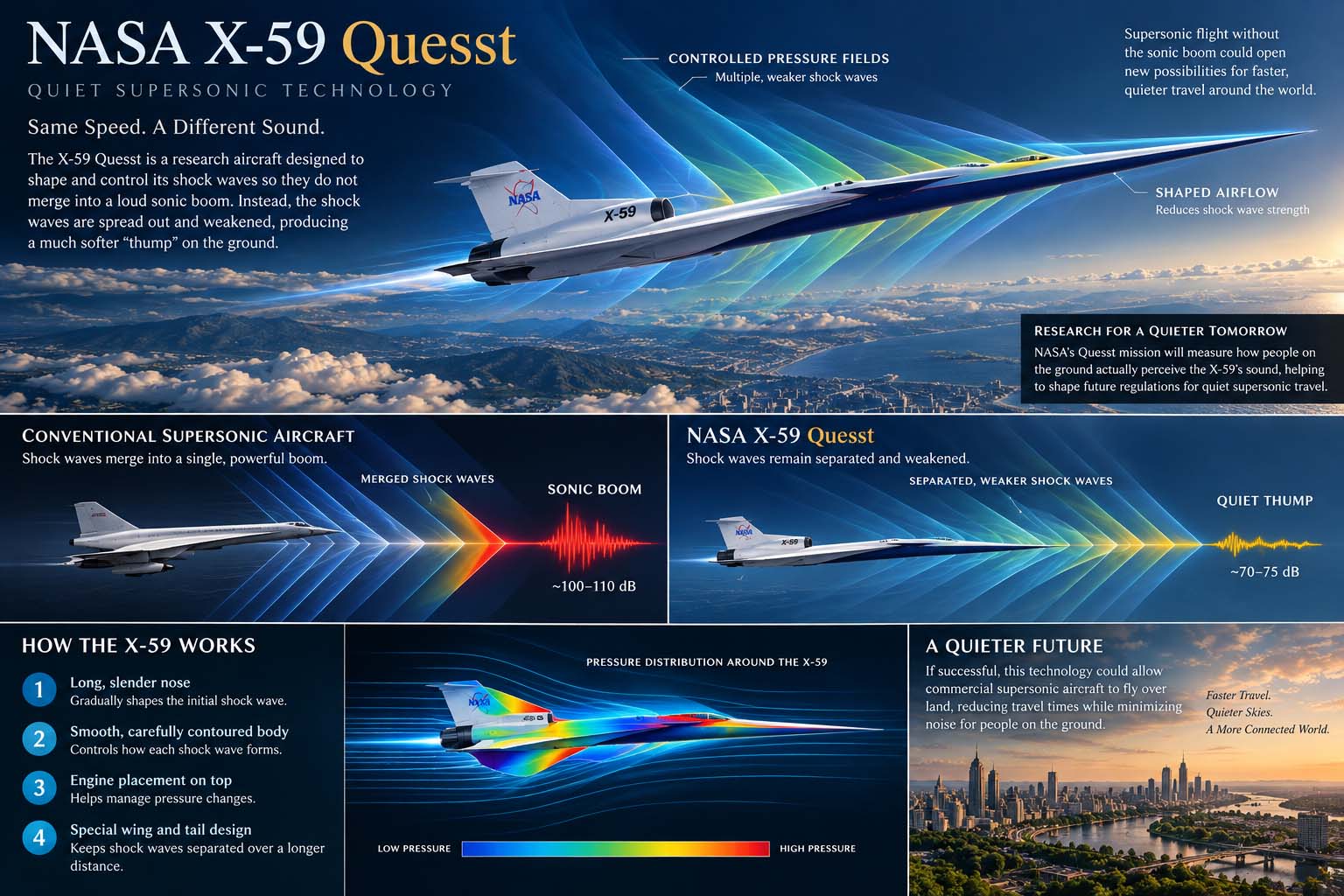 NASA X-59 Quesst infographic showing controlled pressure fields, separated shock waves, and the quiet-thump concept for low-boom supersonic flight