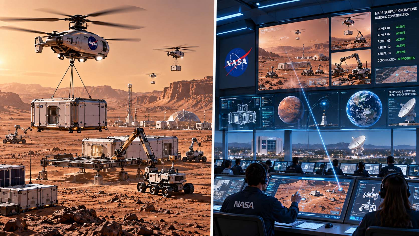 Two-panel concept illustration showing autonomous robotic construction on Mars and an Earth-based mission control center coordinating the machines