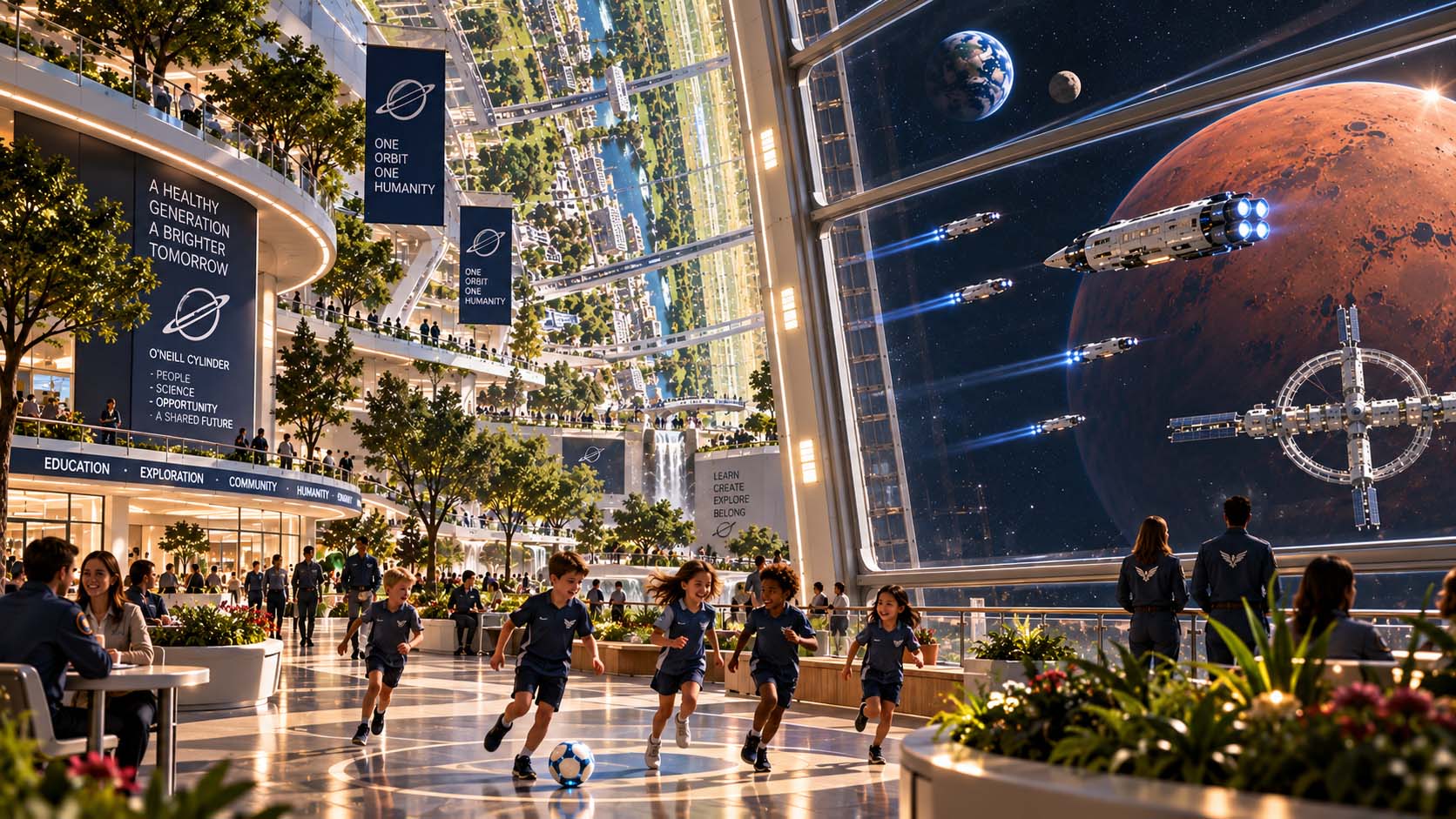 A future society living inside a vast rotating O’Neill habitat, with children playing, landscaped public spaces, and spacecraft departing toward Mars beyond a massive pressure-rated observation window.