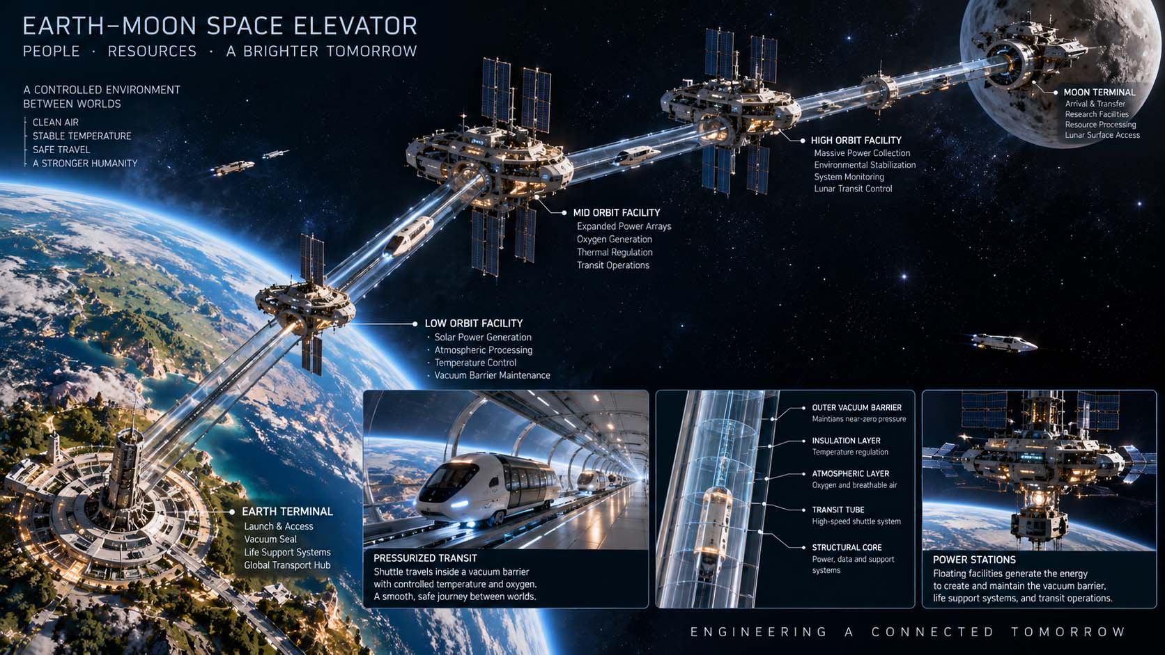 Concept illustration of a exploratory Earth-to-Moon controlled transit corridor with intermediate orbital facilities, power generation stations, environmental-control systems, and passenger shuttles.