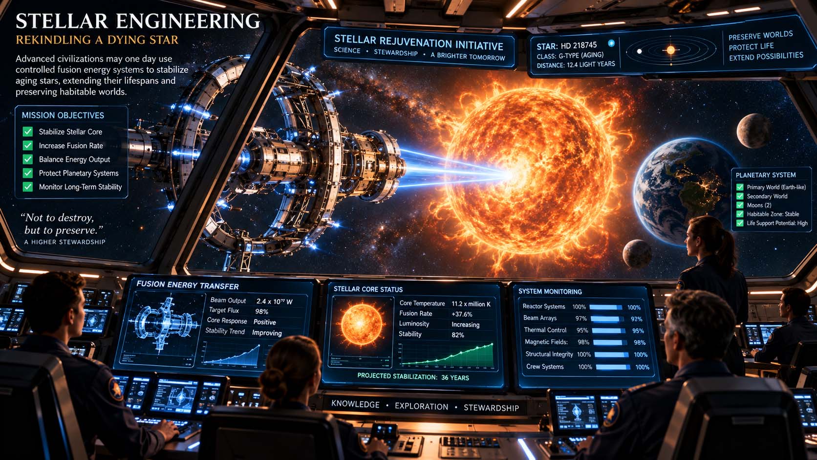 exploratory concept illustration viewed from inside a crewed stellar-engineering craft monitoring an enormous energy system interacting with an aging star near Earth-like planets