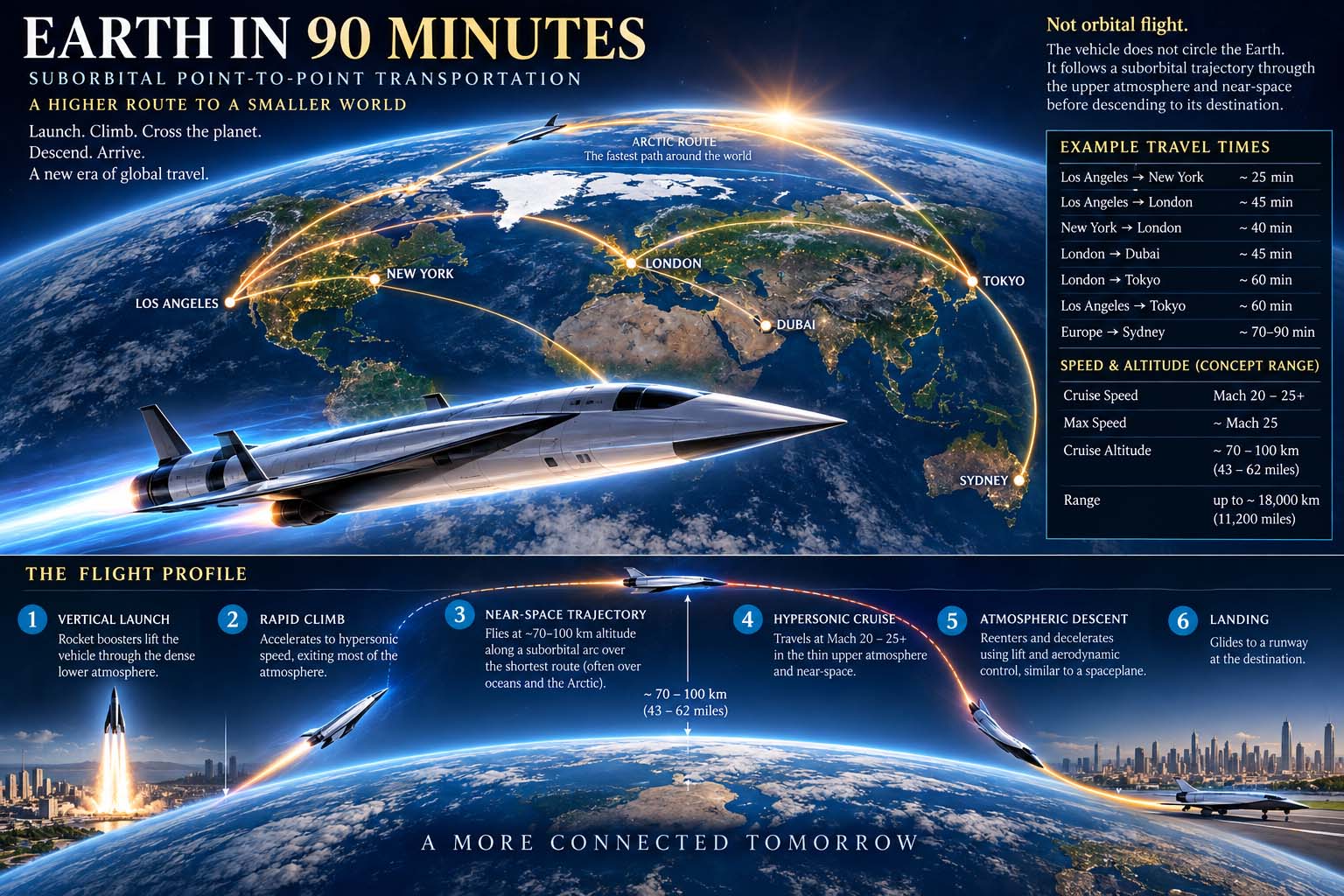 Concept illustration showing suborbital point-to-point passenger trajectories arching around Earth, with a hypersonic passenger vehicle, example global routes, speeds, altitudes, and flight profile.