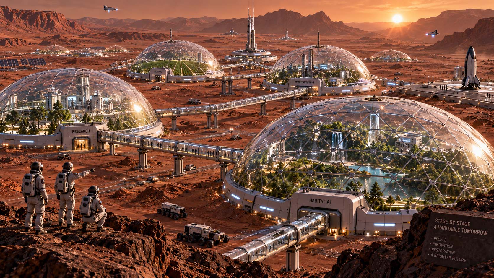 Concept illustration of staged Mars settlement using large geodesic domes connected by enclosed walkways and transit corridors