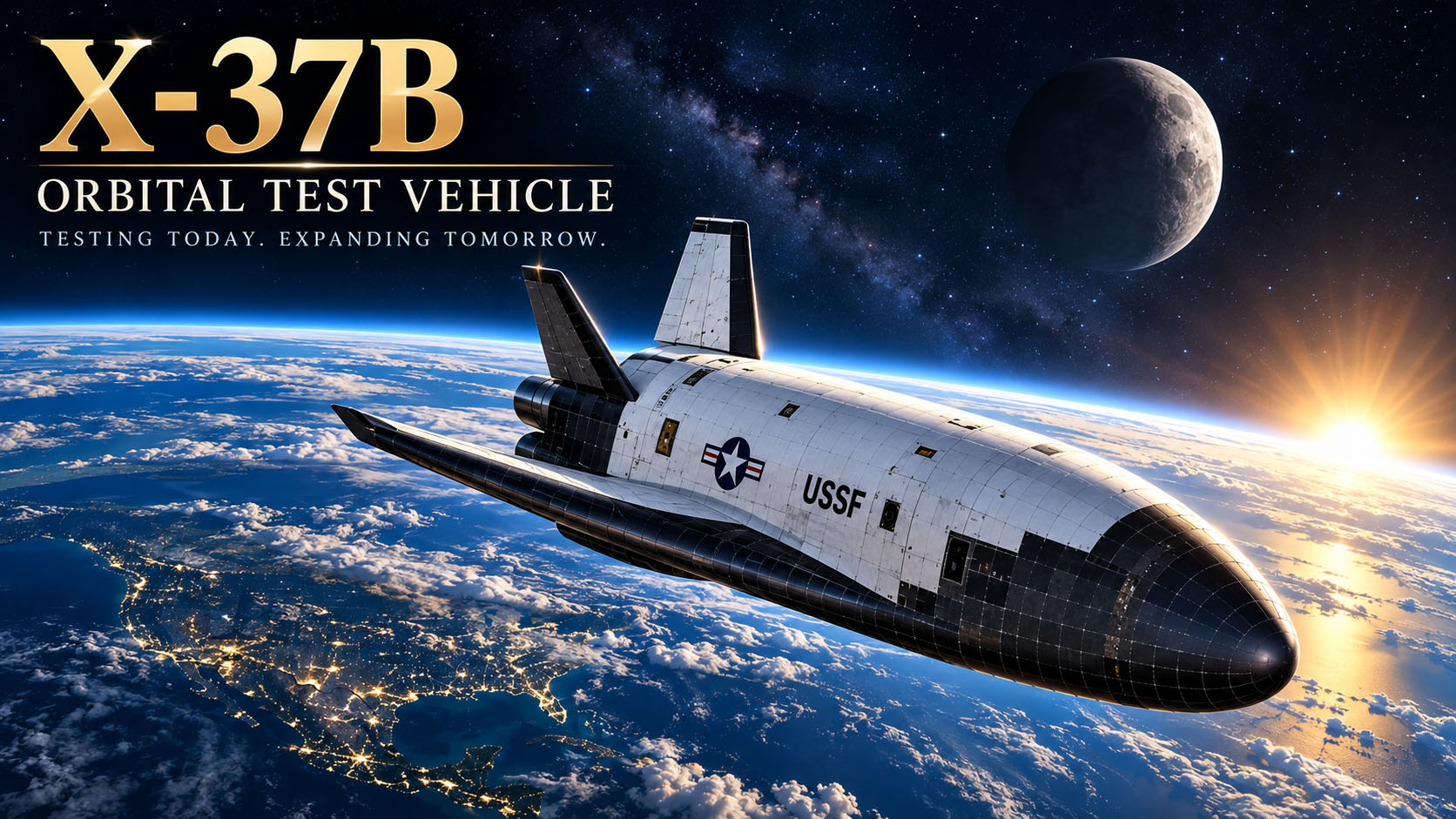 X-37B Orbital Test Vehicle in low Earth orbit above the curved Earth, illustrating reusable autonomous spaceflight