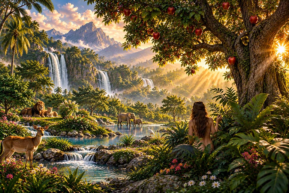 Illustration of the Tree of Knowledge of Good and Evil in the Garden of Eden, with Eve standing nearby behind garden foliage.
