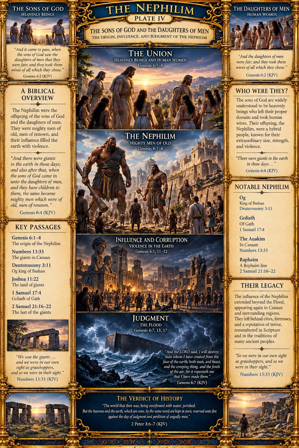 Plate IV, The Nephilim, the Sons of God, the daughters of men, the giants of old, and the Flood judgment, presented as an illuminated biblical atlas.