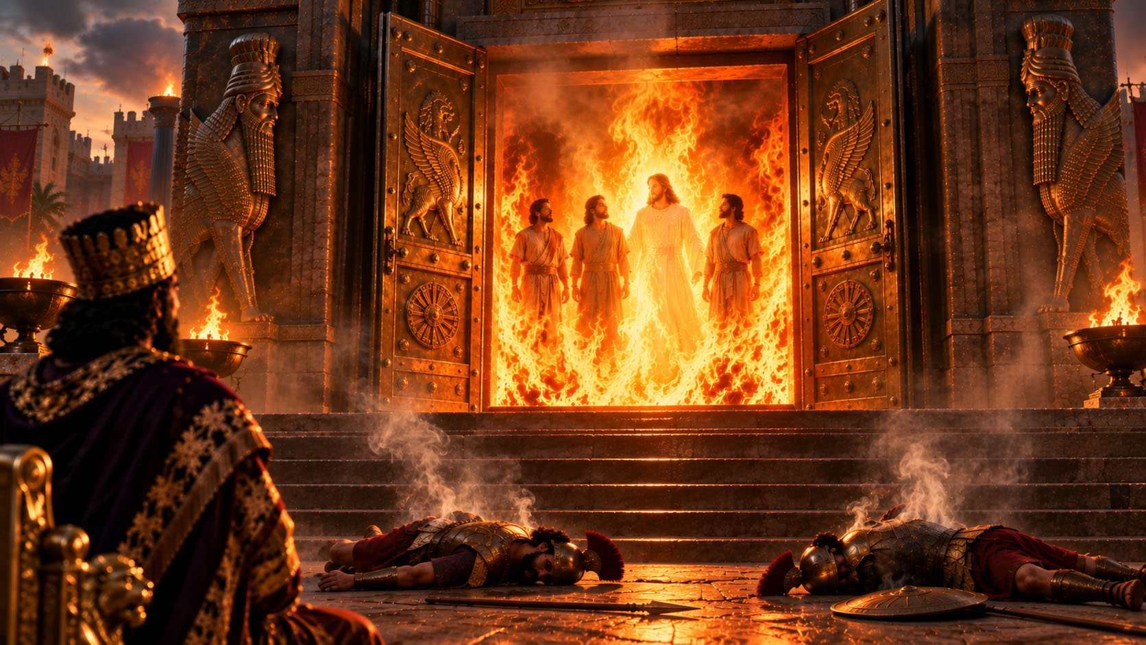 Shadrach, Meshach and Abednego standing unharmed in the fiery furnace with a fourth radiant figure while two soldiers lie overcome by the heat outside.