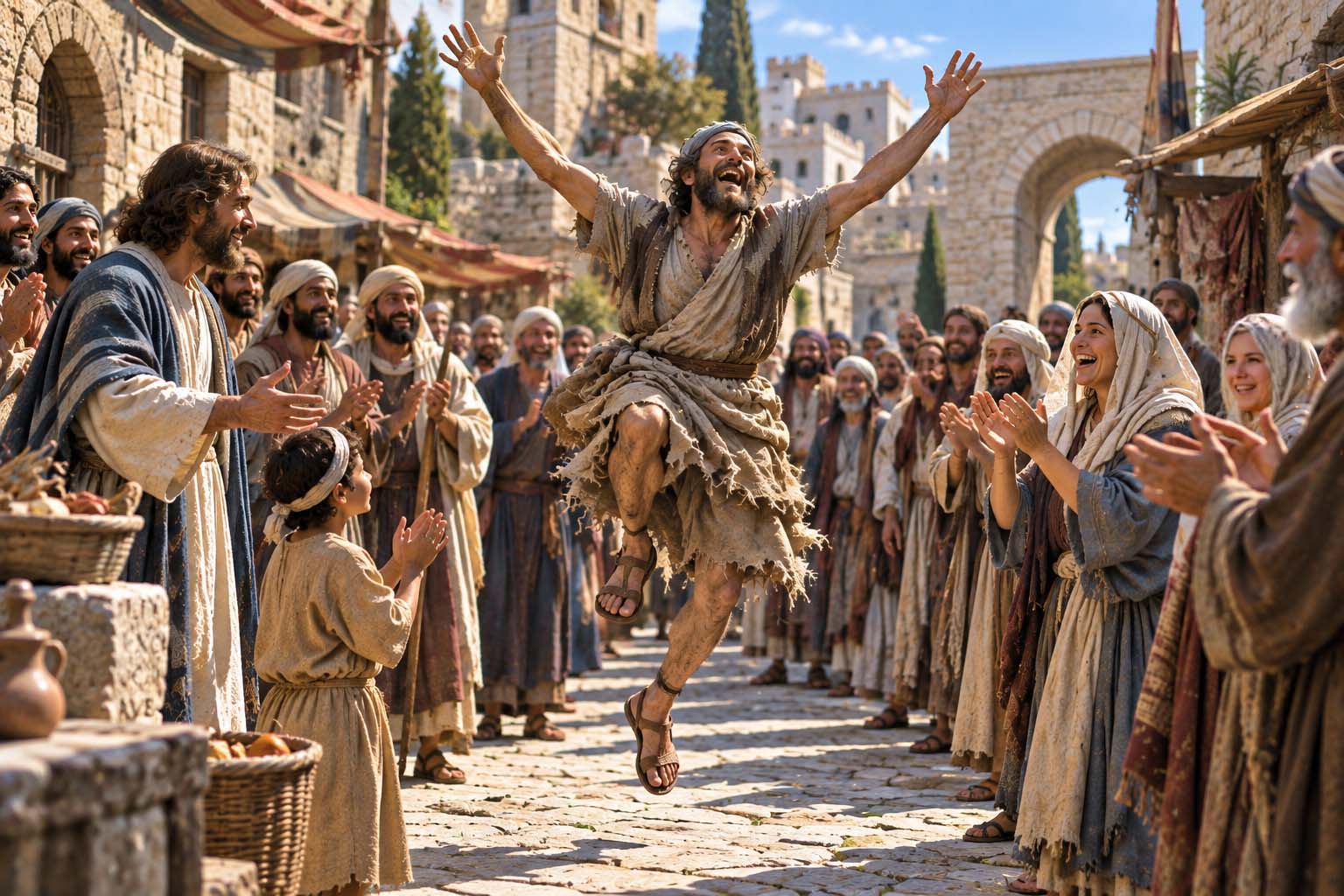 The man lame from birth leaping for joy after being healed near the Temple while people gather around him