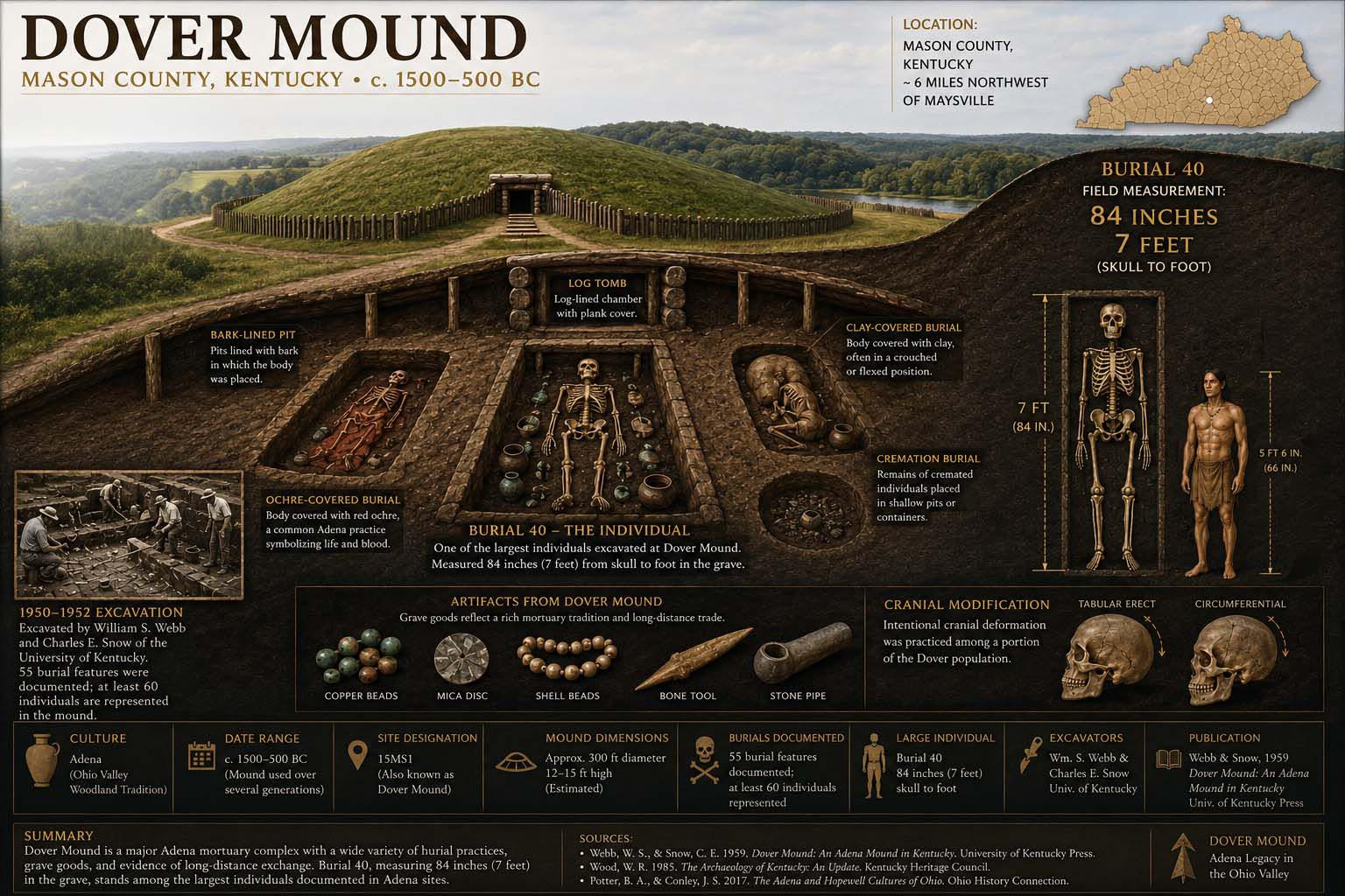 Interpretive museum illustration of Dover Mound, its mortuary features and Burial 40
