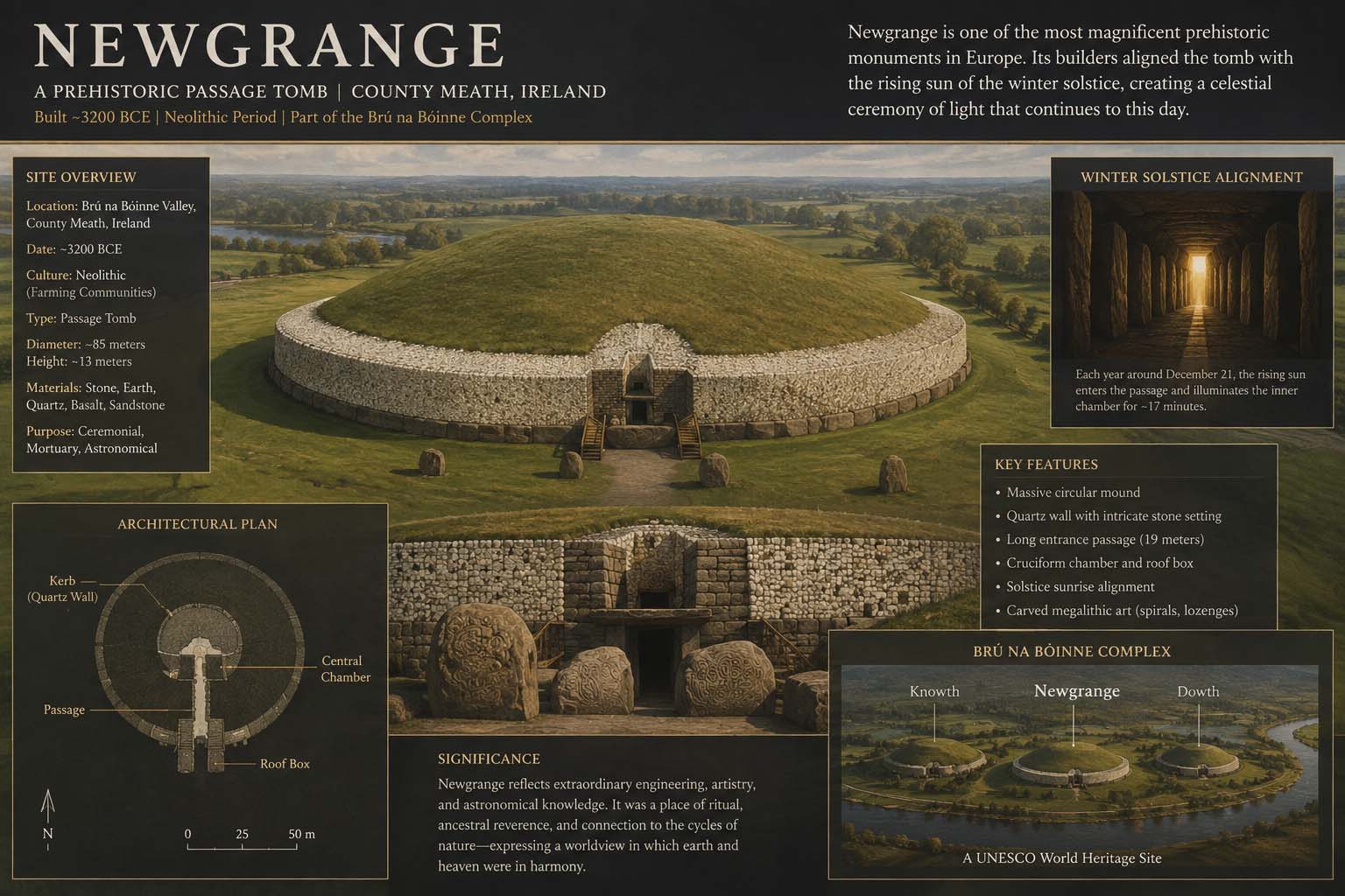 Museum illustration of Newgrange, its passage tomb architecture and winter solstice alignment