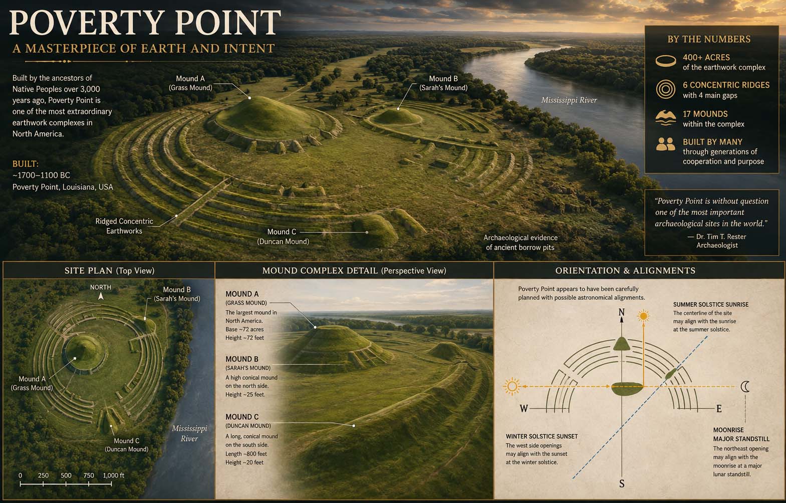 Museum reconstruction and interpretive diagrams of the Poverty Point earthwork complex