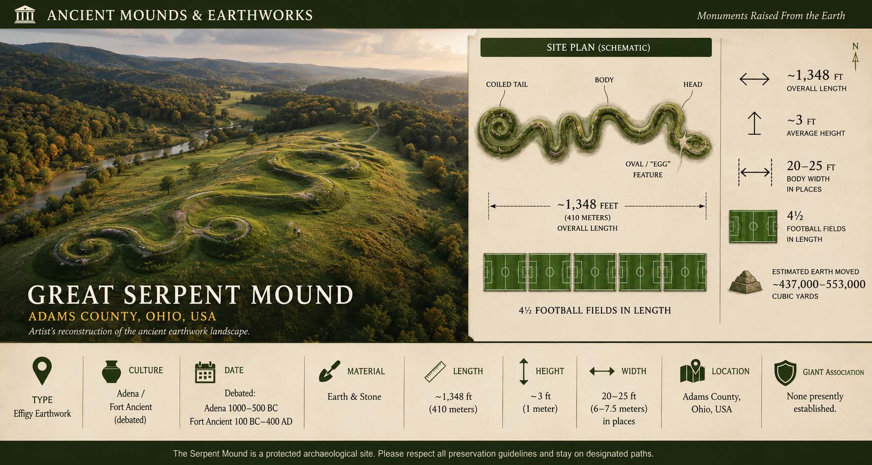 Museum reconstruction and scale diagram of Great Serpent Mound in Adams County, Ohio