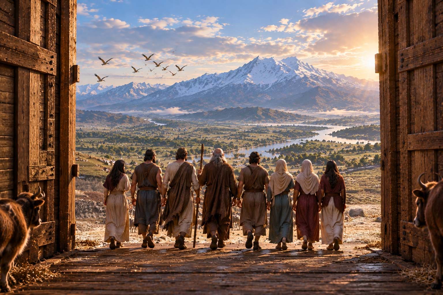 Eight people, four men and four women, leave the Ark with animals and birds as they look toward the mountains of Ararat and the renewed world beyond.