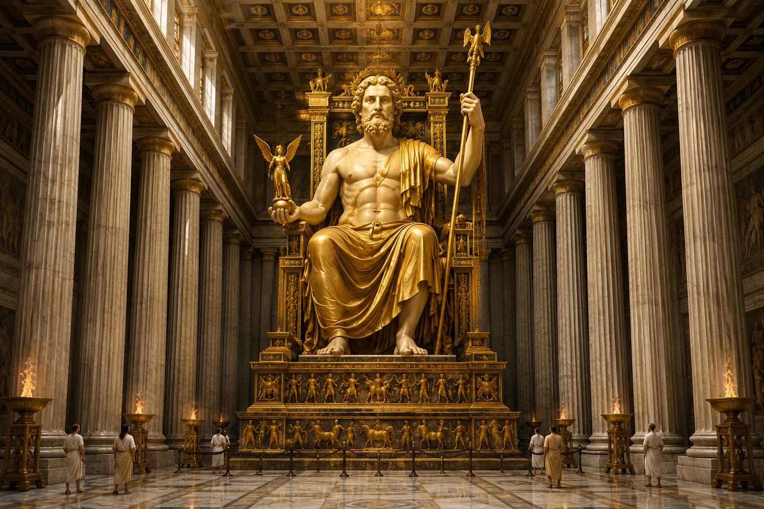 Reconstruction illustration of the colossal Statue of Zeus seated inside the Temple of Zeus at Olympia