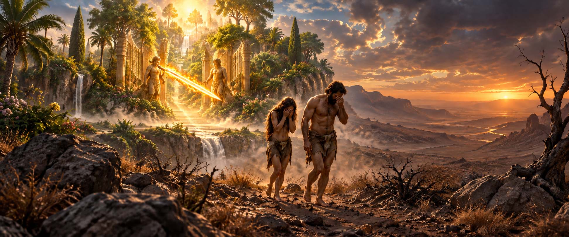 Adam and Eve leave the radiant Garden of Eden and walk into the wilderness while the eastern entrance remains guarded by cherubim and a flaming sword.