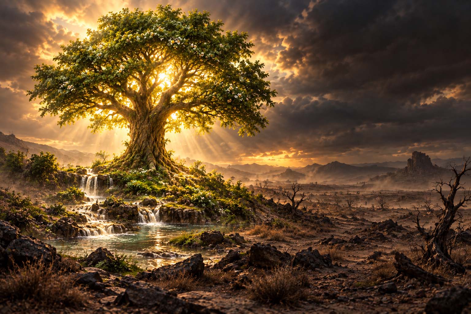The Tree of Life remains beautiful and radiant while the world beyond Eden has become a barren wasteland.