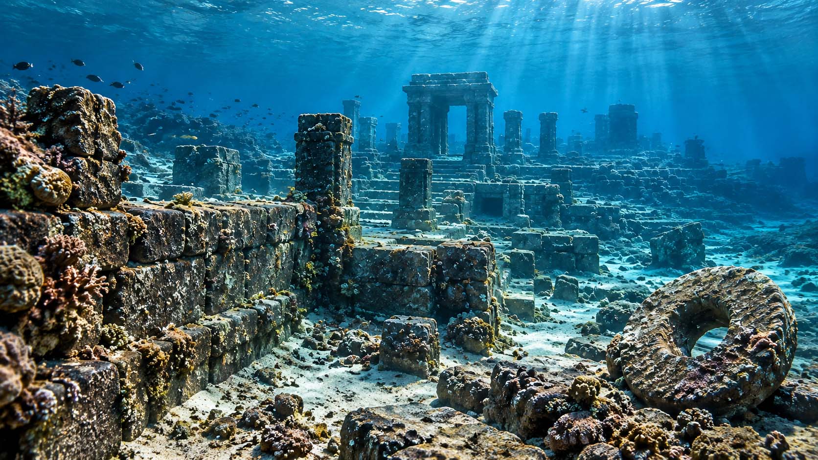 Museum reconstruction of submerged stone ruins off Dwarka, India, showing weathered masonry, steps, architectural remains, marine growth, and a stone anchor beneath shallow blue water.