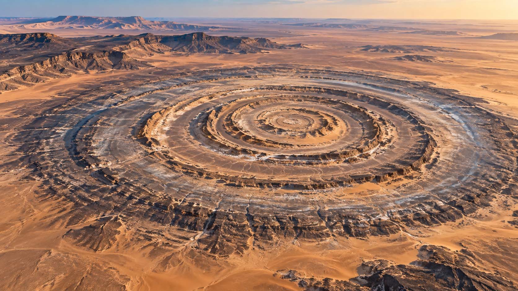 Wide aerial view of the Richat Structure, the Eye of the Sahara, showing its immense concentric rings across the Mauritanian desert.