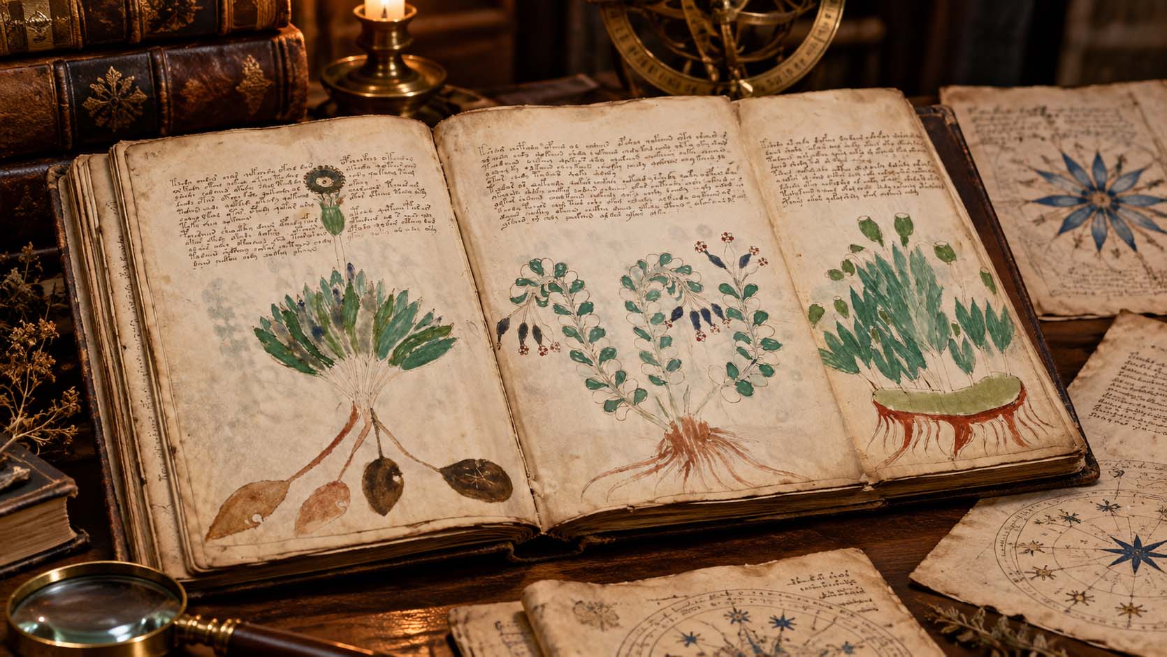 Museum illustration of Voynich Manuscript.