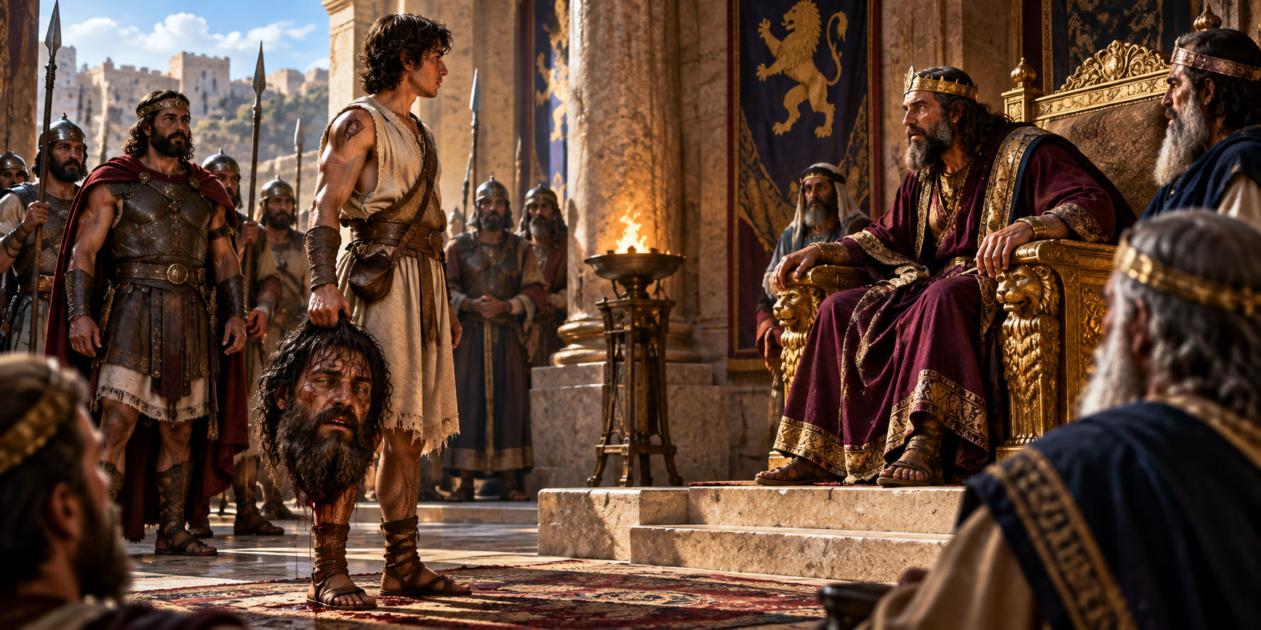 Museum illustration of David standing before King Saul with Goliath’s head while Abner stands nearby