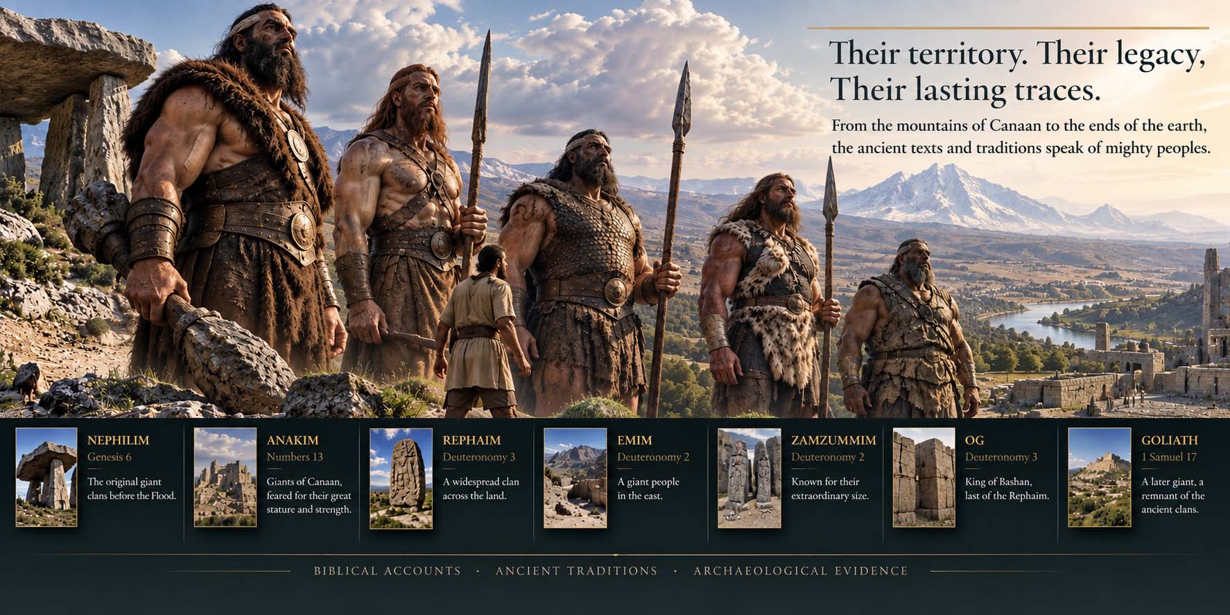 Museum illustration of the biblical giant clans in an ancient landscape