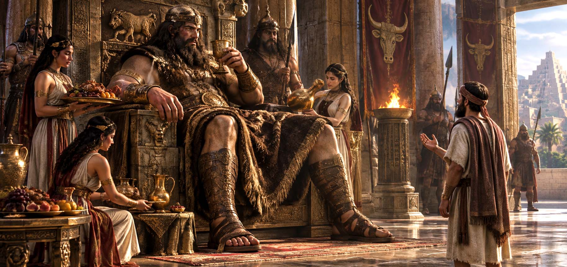 A giant king seated on his throne while normal-sized attendants serve food and drink and an Israelite messenger stands before him