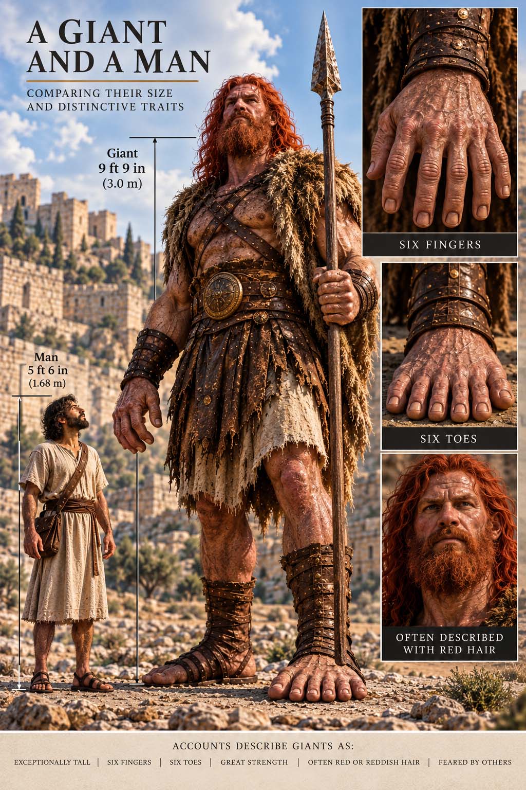Vertical museum comparison showing a red-haired giant beside a normal-sized man, with height measurements and six-finger and six-toe detail panels