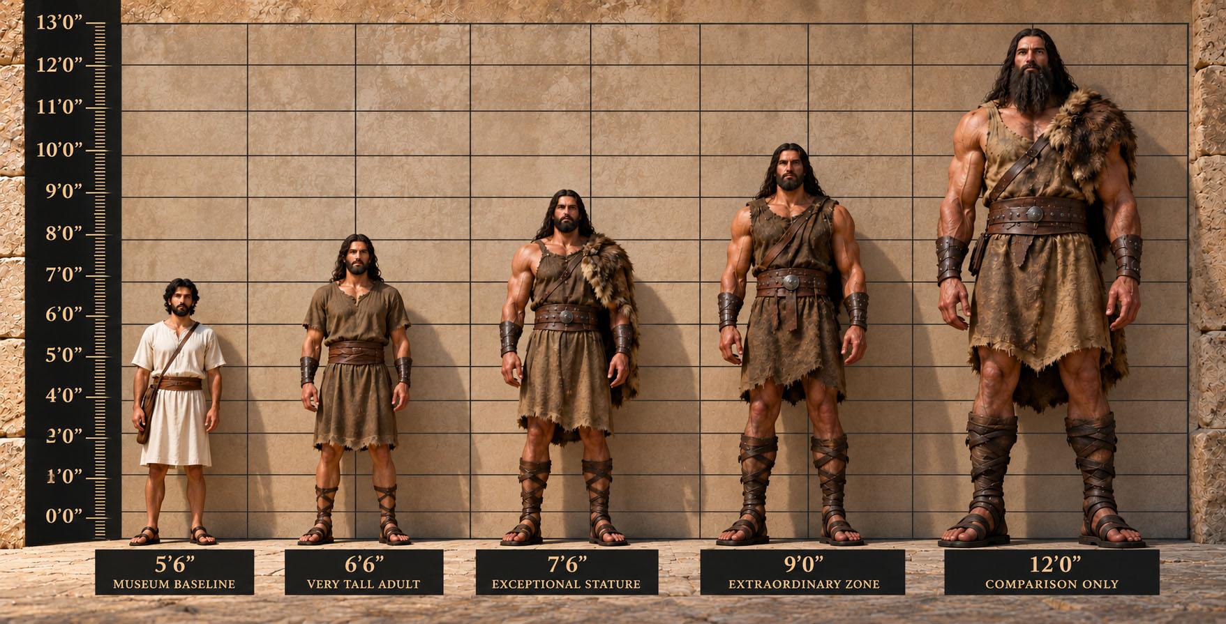 Illustrated stature comparison showing five figures from 5 feet 6 inches through 12 feet beside a height ruler.