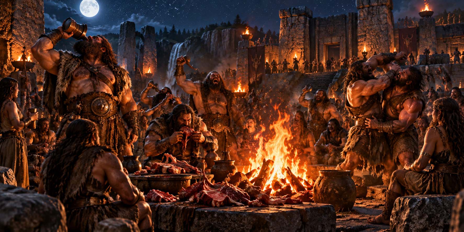 Museum illustration of giants gathered around a nighttime bonfire in a megalithic settlement, drinking, wrestling and eating