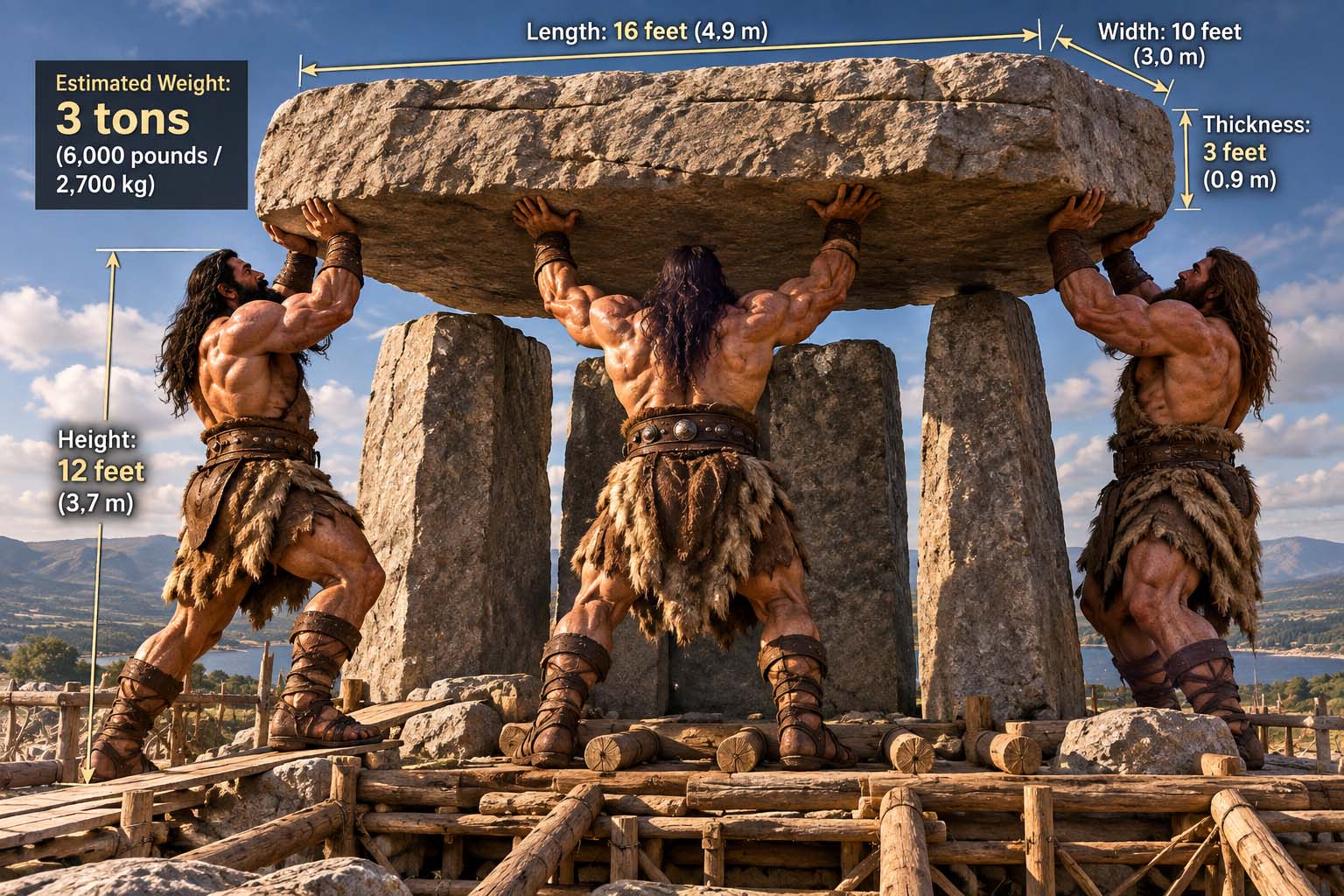 Illustration of three 12-foot giants raising a three-ton dolmen capstone onto vertical standing stones, with annotated height, weight and stone dimensions.
