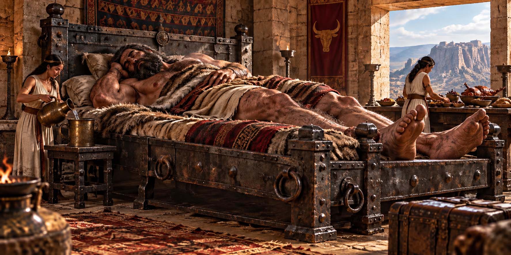 Museum reconstruction of King Og sleeping upon a massive iron bedstead while two normal-sized attendants prepare water and food